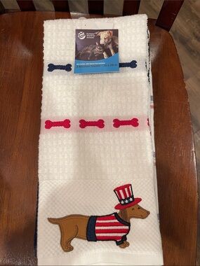 Patriotic Dachshund Kitchen Towel - White with Red & Blue Accents